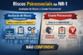 Infográfico sobre NR-1 e riscos psicossociais no trabalho com ícones de saúde mental e gestão de riscos