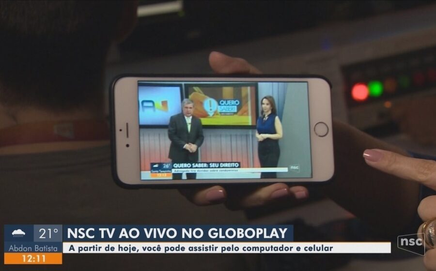 Logotipo da NSC TV no portal g1 com opções de telejornais ao vivo de Santa Catarina
