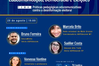 Alerta vermelho "Fake News" sobre fundo de urna eletrônica brasileira com lupa de verificação