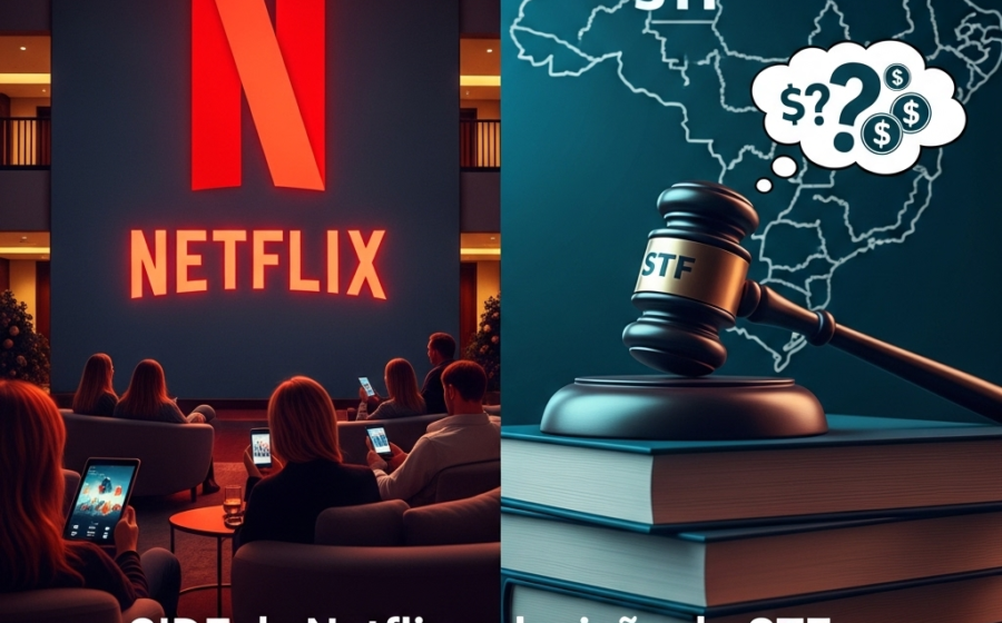 Logotipo da Netflix sobre mapa do Brasil com ícones de licenciamento: brinquedos, roupas, decoração
