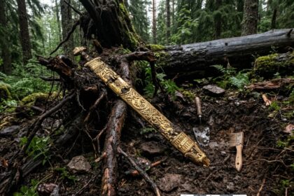 Barras de ouro parcialmente enterradas em solo de floresta nórdica, golpe financeiro Noruega