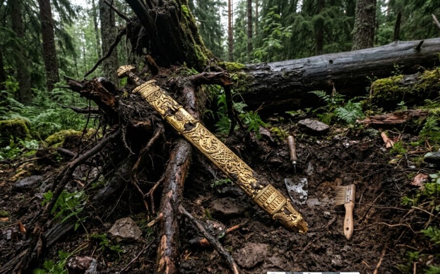 Barras de ouro parcialmente enterradas em solo de floresta nórdica, golpe financeiro Noruega