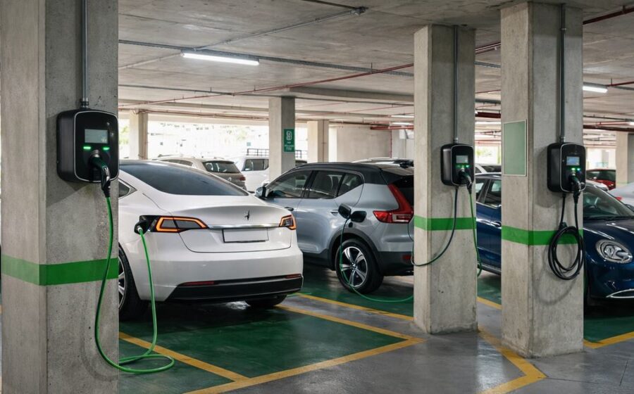 Carregador veicular elétrico instalado em garagem de condomínio com sinalização de segurança
