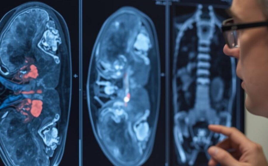 Exame de imagem renal mostrando detecção de carcinoma de células claras com nova técnica de medicina nuclear