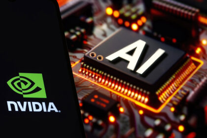 Logo da Nvidia com gráfico de ações em alta e texto "US$ 6 trilhões" sobre fundo tecnológico