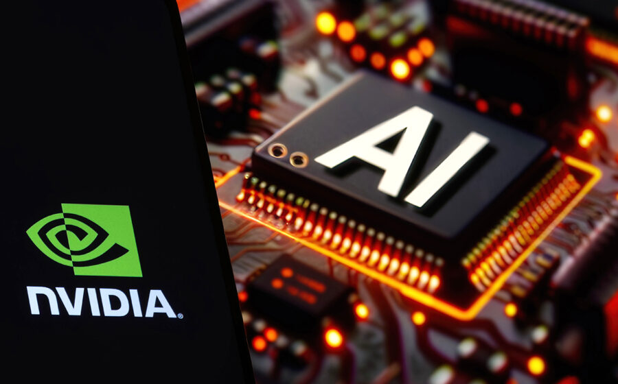 Logo da Nvidia com gráfico de ações em alta e texto "US$ 6 trilhões" sobre fundo tecnológico