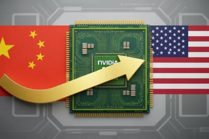 Logos da Nvidia e Reflection AI sobre chips com bandeiras EUA e China ao fundo
