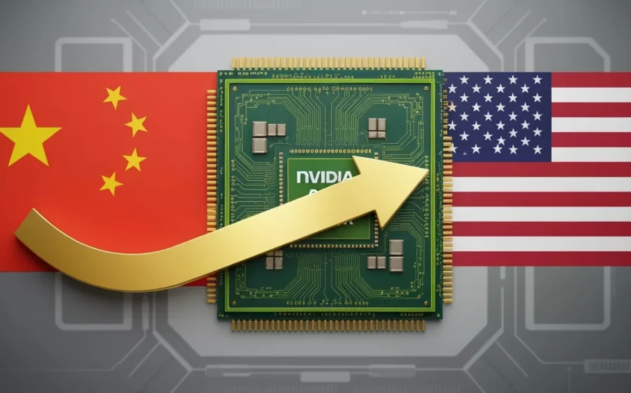Logos da Nvidia e Reflection AI sobre chips com bandeiras EUA e China ao fundo