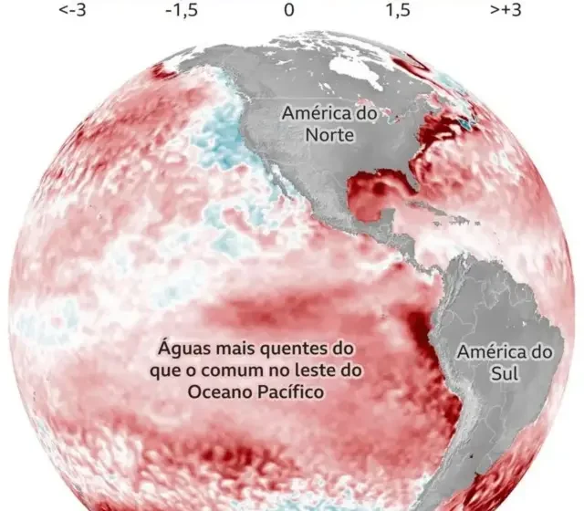 Mapa global de anomalia de temperatura do Pacífico mostrando El Niño intenso em tons vermelhos