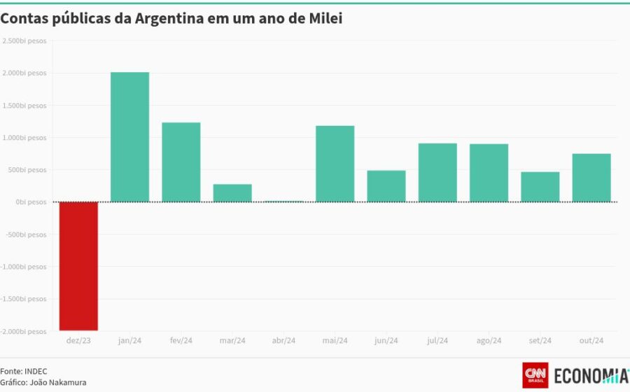 Javier Milei com motosserra simbólica, gráficos de inflação caindo e pobreza subindo na Argentina