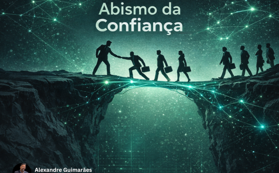 Gráfico de queda das ações Big Tech com ícones de IA e dinheiro