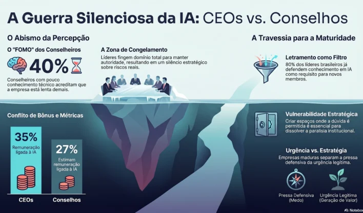 Gráfico mostrando abismo de 41 pontos entre otimismo de CEOs e medo de funcionários sobre IA