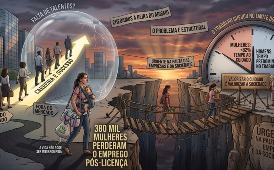 Gráfico de PIB crescente contrasta com família diante de preços altos no mercado, simbolizando abismo entre macroeconomia e realidade
