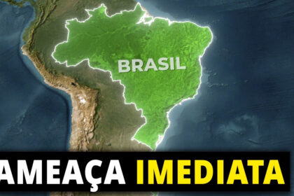 Vulcão em erupção com bandeira do Brasil simbolizando crise fiscal e risco econômico