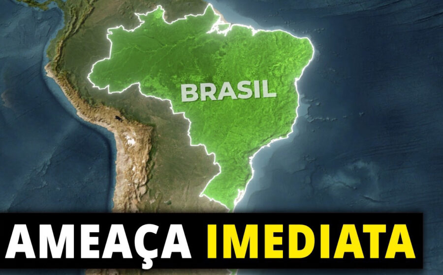 Vulcão em erupção com bandeira do Brasil simbolizando crise fiscal e risco econômico