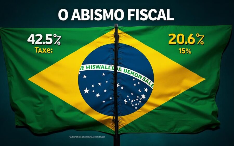 Gráfico de dívida pública brasileira em alta com símbolo de alerta fiscal e moeda dólar