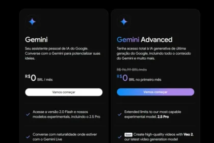 Interface do Gemini com ícones do Gmail, Drive e Agenda conectados, representando integração em tempo real