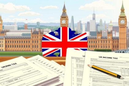 Labirinto tributário britânico com símbolos de libra e engrenagens representando caos fiscal
