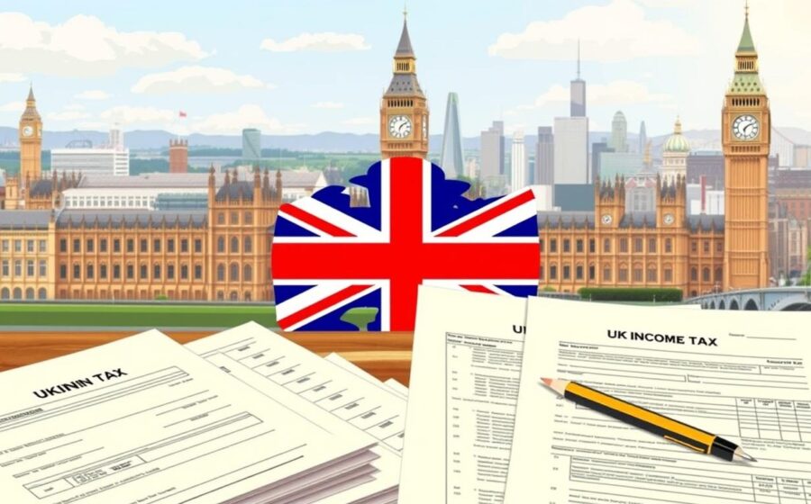 Labirinto tributário britânico com símbolos de libra e engrenagens representando caos fiscal
