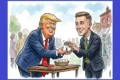 Charge de Cláudio de Oliveira mostra Flávio Bolsonaro, Marco Rubio e Donald Trump juntos, simbolizando alinhamento político e negócios
