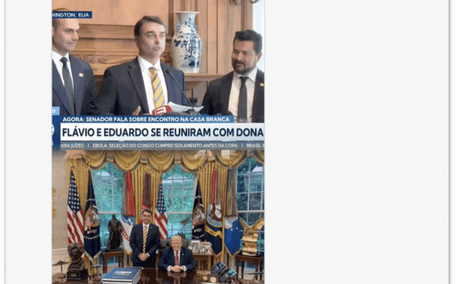 Charge mostra Flávio Bolsonaro, Trump e Rubio à mesa, simbolizando aliança Brasil-EUA