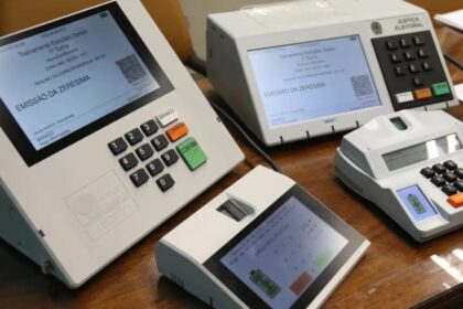 Urna eletrônica brasileira cercada por gráficos de instabilidade econômica e incerteza política 2026
