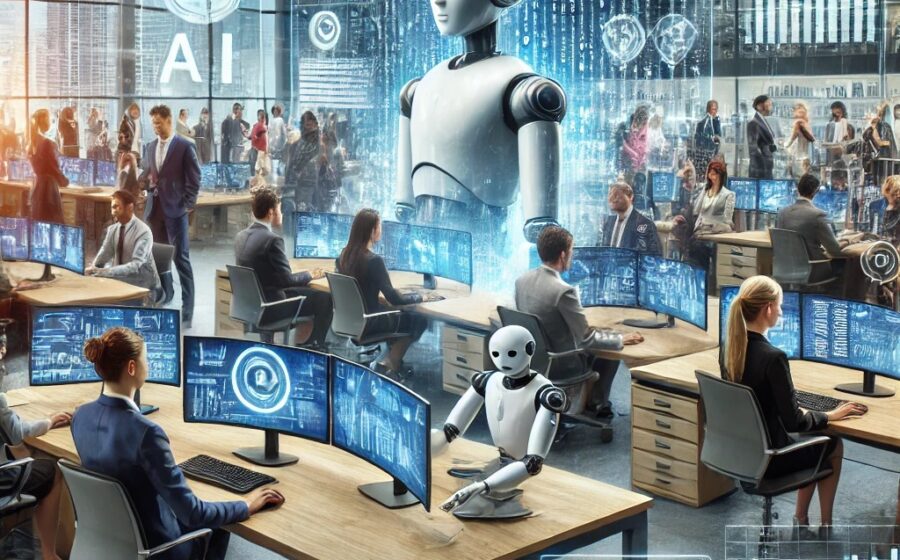 Infográfico contraste: robô de IA e servidores públicos brasileiros, simbolizando automação versus força de trabalho humana no serviço público