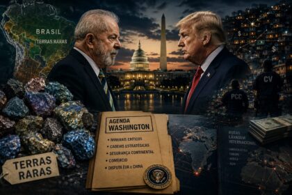 Charge política mostra Flávio Bolsonaro, Marco Rubio e Donald Trump em negociação comercial