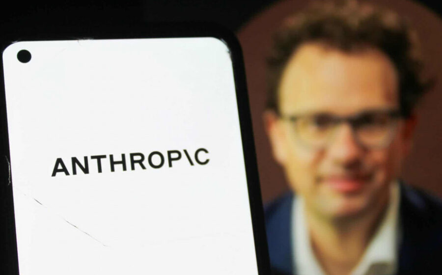 Dario Amodei, CEO da Anthropic, em retrato profissional com fundo de código neural representando IA segura