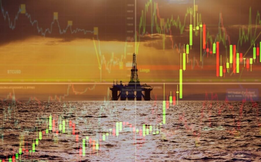 Navios-tanque no Golfo Pérsico com gráfico de preço do petróleo a US$ 115 o barril