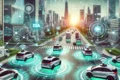 Carro autônomo em rodovia brasileira com ícones de IoT e sinal de rede instável representando desafio de conectividade