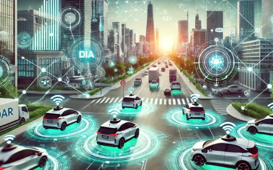 Carro autônomo em rodovia brasileira com ícones de IoT e sinal de rede instável representando desafio de conectividade