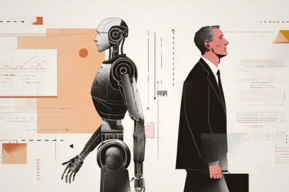 Ilustração conceitual: robô de IA libera humano do trabalho braçal, mas surge montanha de novas demandas e oportunidades de mercado trilionário