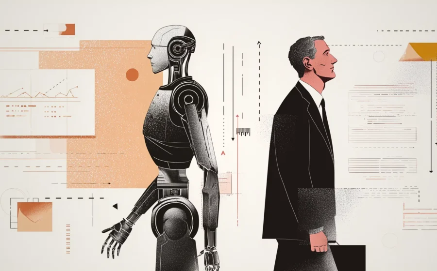 Ilustração conceitual: robô de IA libera humano do trabalho braçal, mas surge montanha de novas demandas e oportunidades de mercado trilionário
