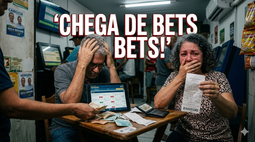 Carrinho de supermercado cheio com gráfico de crescimento de 6,5% sobre fundo de apps de apostas bloqueados