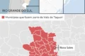 Mapa do Vale do Taquari com 24 municípios e áreas de risco de enchente identificadas pelo estudo da CoalizãoRS