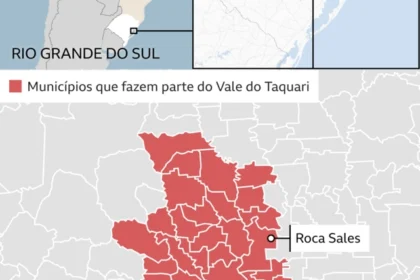 Mapa do Vale do Taquari com 24 municípios e áreas de risco de enchente identificadas pelo estudo da CoalizãoRS