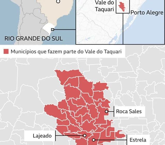 Mapa do Vale do Taquari com 24 municípios e áreas de risco de enchente identificadas pelo estudo da CoalizãoRS