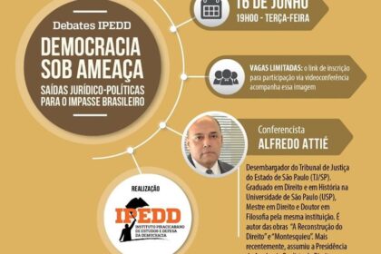 Ilustração conceitual do Brasil com balança fiscal desequilibrada, símbolos de democracia ameaçados e gráficos de estagnação econômica