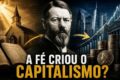 Gravura histórica contrastando templo calvinista austero com símbolos de comércio e moedas antigas