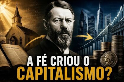Gravura histórica contrastando templo calvinista austero com símbolos de comércio e moedas antigas