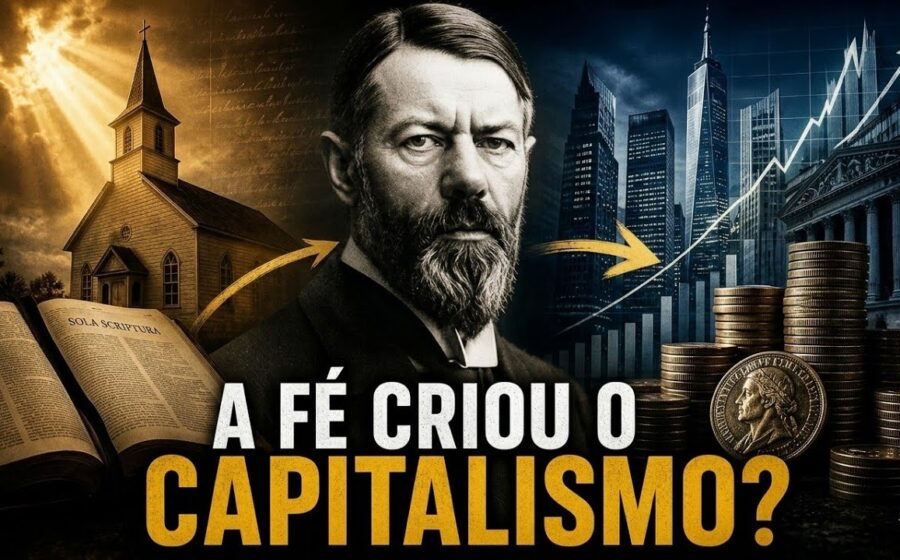 Gravura histórica contrastando templo calvinista austero com símbolos de comércio e moedas antigas