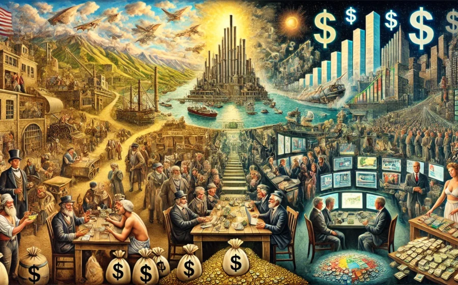 Ilustração histórica contrastando símbolos cristãos medievais com gráficos de crescimento econômico e comércio protestante