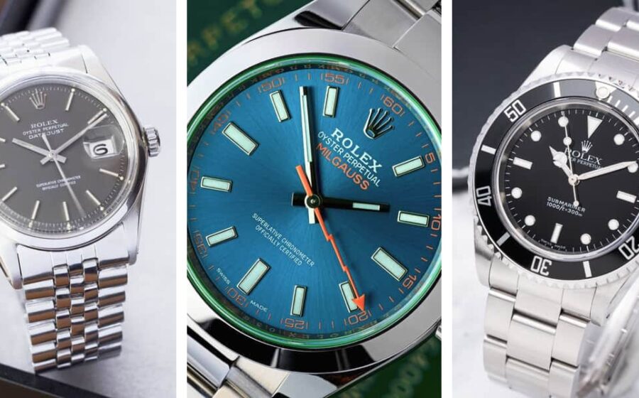 Relógios de luxo suíços Rolex, Patek Philippe e Omega empilhados representando concentração de mercado