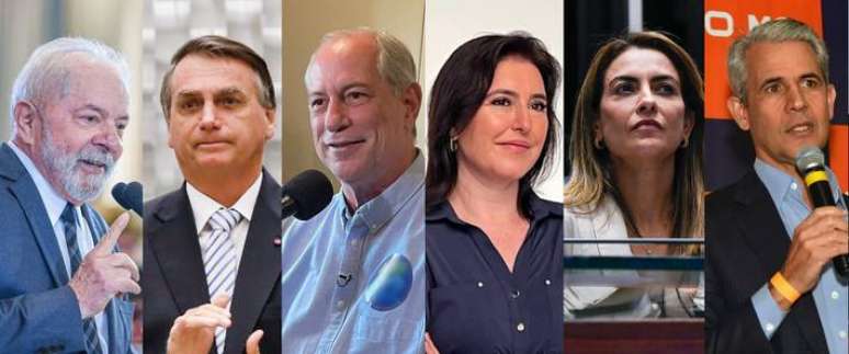 Colagem dos 5 pré-candidatos à presidência 2026: Lula, Flávio Bolsonaro, Caiado, Cury e Zema