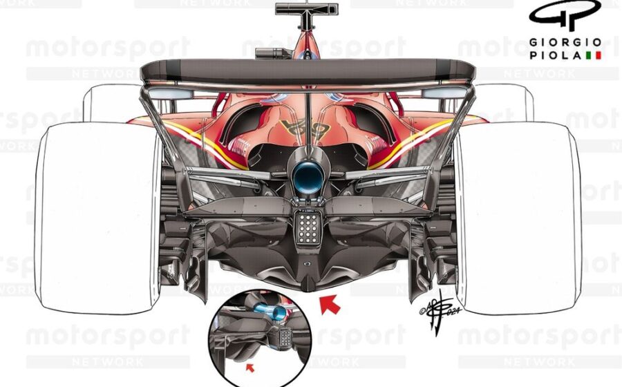 Ferrari SF-24 com novo assoalho aerodinâmico no treino livre em Austin, pilotado por Charles Leclerc