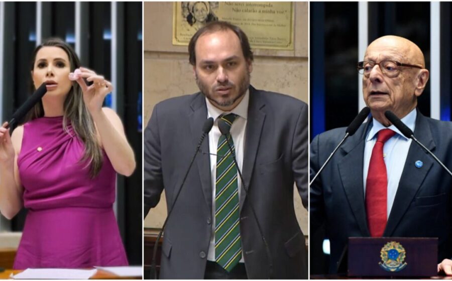 Renan Santos e Flávio Bolsonaro em confronto visual simbolizando racha na direita para 2026
