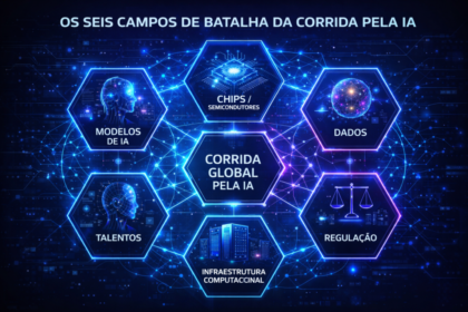 Estudantes brasileiros em laboratório de IA com símbolos de patentes e bandeira do Brasil ao fundo