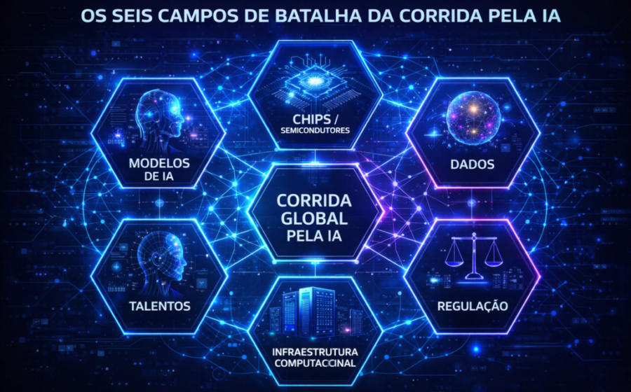 Estudantes brasileiros em laboratório de IA com símbolos de patentes e bandeira do Brasil ao fundo