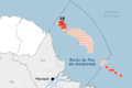 Plataforma de petróleo offshore na Foz do Amazonas com mapa da Bacia do Amapá ao fundo